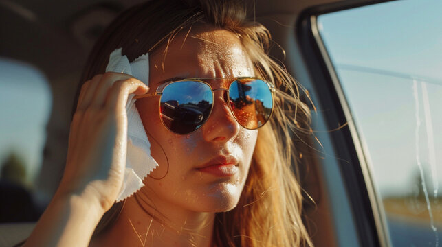 Summer time woman being hot and suffering during heat wave in car wipes sweat from her face.