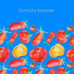 Tomato banner background for pasta packaging design, juice label, banner vegan food. Watercolor seamless pattern with red and yellow tomatoes on blue sky backdrop.
