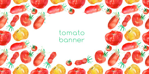 Tomato banner background for pasta packaging design, juice label, banner vegan food. Watercolor seamless pattern with red and yellow tomatoes on white backdrop.