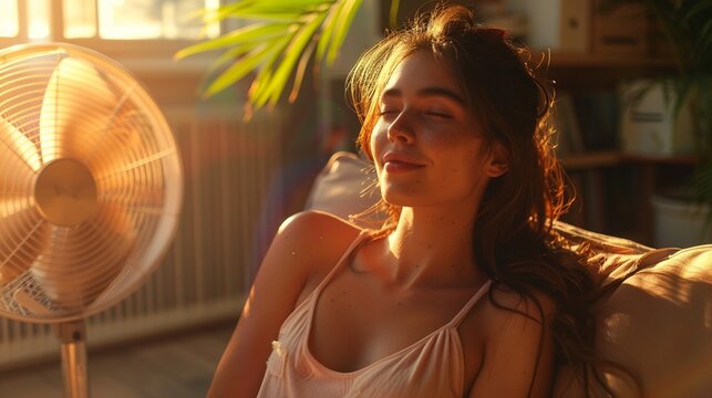 Woman reclining in front of fans, cooling off, soft light and relaxed expression, serene and calm, Realistic, Highdefinition