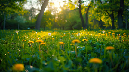 Landscape with young lush green grass and blooming dandelions against the background of trees in the garden. Beautiful spring natural background.