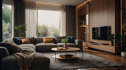 modern and minimal living room interior design, contemporary interior design, 3D render, cinematic lighting, A cozy living room with soft sofas, warm lighting and decorative elements such as cushions 