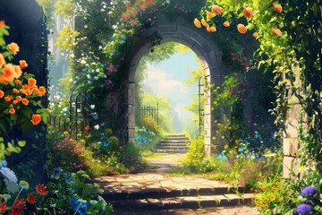 A beautiful secret fairytale garden with flower arches and colorful greenery. painting background, AI-generated