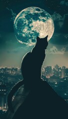 Cat Superhero Silhouette with Full Moon Over Cityscape - Mobile Wallpaper for Heroic and Nighttime Themes
