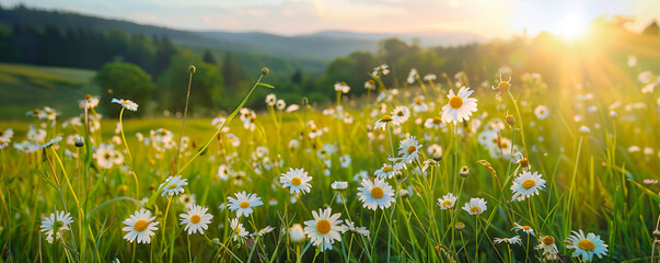 Landscape with young lush green grass and blooming daisies against the backdrop of a green landscape. Beautiful spring natural background.