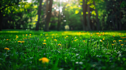 Landscape with young lush green grass and blooming dandelions against the background of trees in the garden. Beautiful spring natural background.