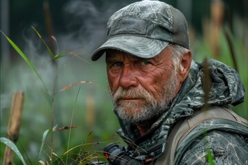 Fototapeta premium A rugged fisherman pauses in dense foliage, gazing intently, gear ready for action