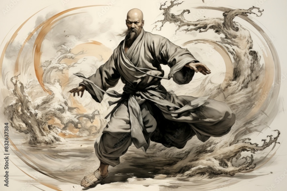 Wall mural A swift and agile monk, mastering martial arts and harnessing inner ki energy. - Generative AI