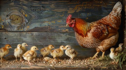 A hen with her chicks pecking at grains scattered on the ground in a farmyard