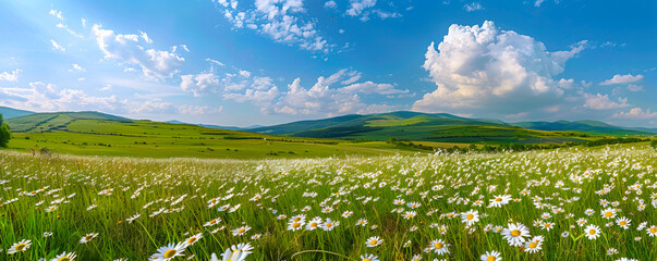 Landscape with young lush green grass and blooming daisies against the backdrop of a green landscape. Beautiful spring natural background.