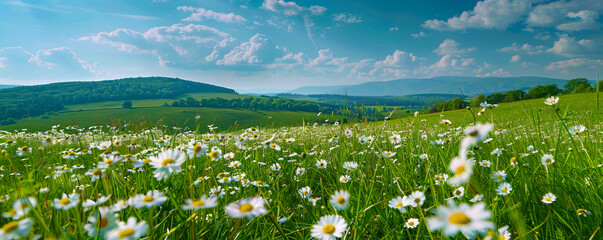 Landscape with young lush green grass and blooming daisies against the backdrop of a green landscape. Beautiful spring natural background.