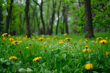 Landscape with young lush green grass and blooming dandelions against the background of trees in the garden. Beautiful spring natural background.