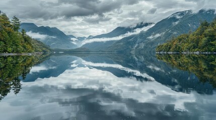 Serene mountain lake with perfect reflection of clouds and sky in the still water.  Photographed on a cloudy day.