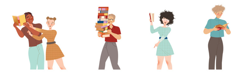 Bookcrossing with Happy Man and Woman Character with Borrowed Paper Book Vector Illustration Set