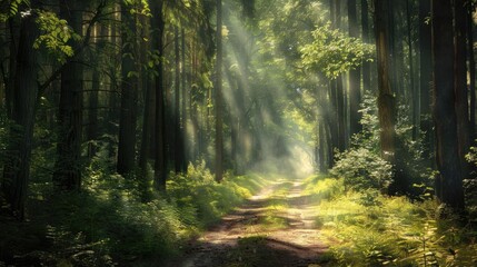 Obraz premium Sunlight streams through the trees in a dense forest, illuminating a path leading into the woods.