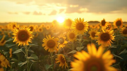 Fototapeta premium A field of sunflowers basking in the warm glow of a setting sun. The image is full of vibrant yellow and orange hues, creating a sense of warmth and happiness.
