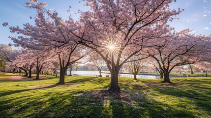 A picturesque scene of cherry blossoms in full bloom with the sun shining through the branches.  The trees are in a park setting with a body of water in the background.