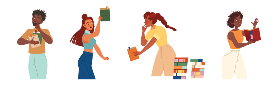 Bookcrossing with Happy Man and Woman Character with Borrowed Paper Book Vector Illustration Set