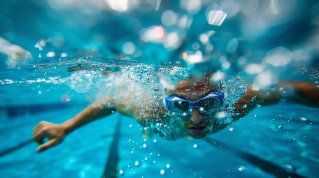 Caucasian swimmer swims to the finish line, striving for victory at the championship. heats at the men's swimming championship