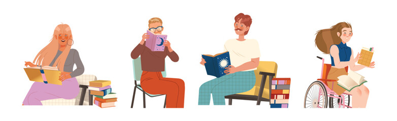 Bookcrossing with Happy Man and Woman Character with Borrowed Paper Book Vector Illustration Set