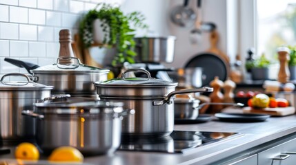A kitchen counter with a variety of pots and pans stacked neatly, showcasing culinary organization