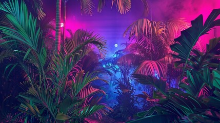 A tropical jungle with neon green leaves and a glowing moon in the sky