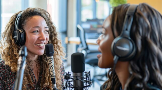 Two women smiling and enjoying a lively conversation while recording a podcast, with microphones and headphones in a professional studio setting. - Powered by Adobe