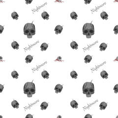 Halloween skull Vectors. Halloween seamless pattern. Skeleton Skull of death with Zombie bone hand  and Eyes falling out of their sockets. Nightmare text  for scares. Skelton gray rotted hand. love.