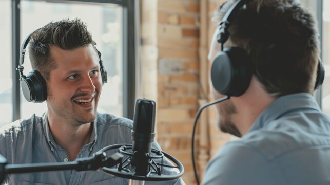 Two men wearing headphones and speaking into microphones while recording a podcast in a bright studio, enjoying a lively conversation with a natural backdrop.