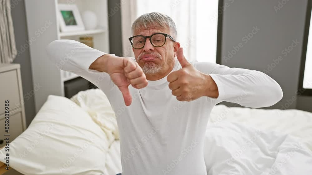 Sticker Crazy bedroom conflict, grey-haired middle-aged man in pyjamas flashes thumbs up and down in wild rollercoaster of agreement and disagreement