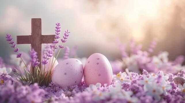 Cross on purple flower field