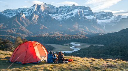 A young couple relaxes with tent in the mountains, enjoying the serene landscape - Powered by Adobe