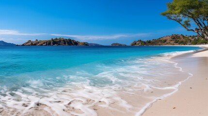 Fototapeta premium A serene beach with clear blue water and a scenic, tranquil coastline