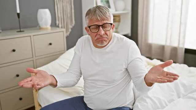 Clueless grey-haired man in pyjamas, arms wide in bedroom, expressing 'no idea' concept, overwhelmed by decision, bearing an expression of bewilderment