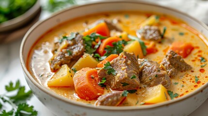 A bowl of stew with meat and carrots