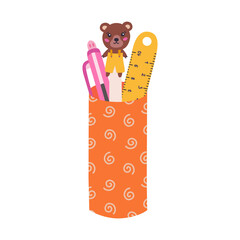 Cute hand drawn pencil cup with squiggle pattern. Cartoon Stationery container with pen with bear, ruler, ballpoint pen. School holder case for office supplies. Back to school clipart.