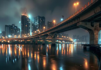 Fototapeta premium At night, the towering overpasses near a river illustrate the rapid pace of urban life.