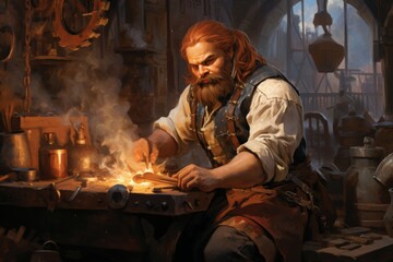 Fototapeta premium A dwarven blacksmith, renowned for skill in crafting legendary weapons and armor. - Generative AI
