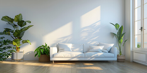 A modern living room with a white couch, two potted plants, and a wall-mounted air conditioner