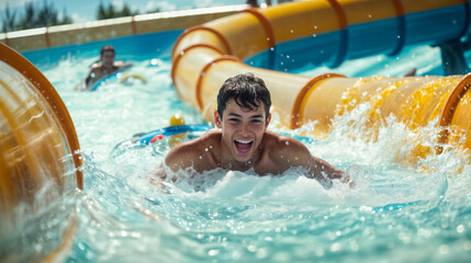 A young man is riding a wave in a pool. He is smiling and enjoying himself. The scene is lively and fun, with other people in the background