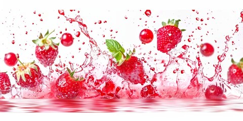 A vibrant splash of cranberry juice surrounded by fresh cranberries, capturing the dynamic motion and refreshing nature of the fruit.