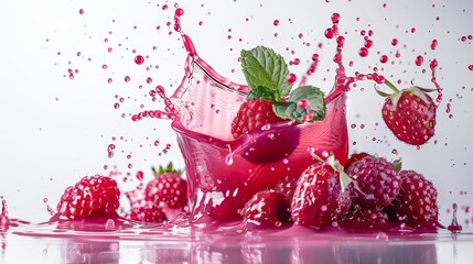 A vibrant splash of cranberry juice surrounded by fresh cranberries, capturing the dynamic motion and refreshing nature of the fruit.