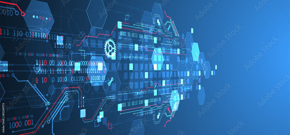 Aufkleber Abstract circuit board and hexagons on gradient color background. Hi-tech digital technology concept.