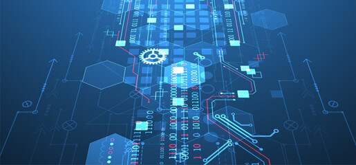 Abstract circuit board and hexagons on gradient color background. Hi-tech digital technology concept.