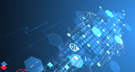 Abstract circuit board and hexagons on gradient color background. Hi-tech digital technology concept.