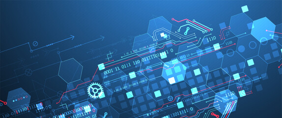 Abstract circuit board and hexagons on gradient color background. Hi-tech digital technology concept.