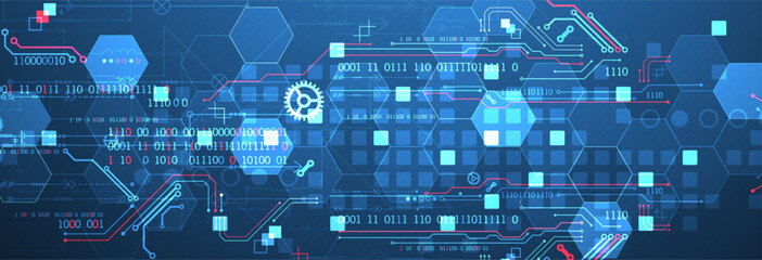 Abstract circuit board and hexagons on gradient color background. Hi-tech digital technology concept.