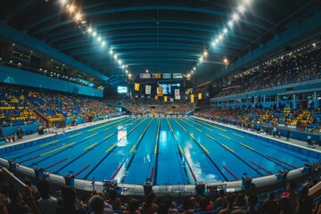 Panoramic View of Olympic Swimming Pool During Event - Spectators, Bright Lights, and Athletes in...