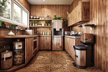 Fototapeta premium Eco-Friendly 3D Kitchen Rendering: Modern Design with Energy-Efficient Appliances and Compost Bin