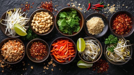 Fototapeta premium A variety of spices and vegetables are displayed in bowls on a counter